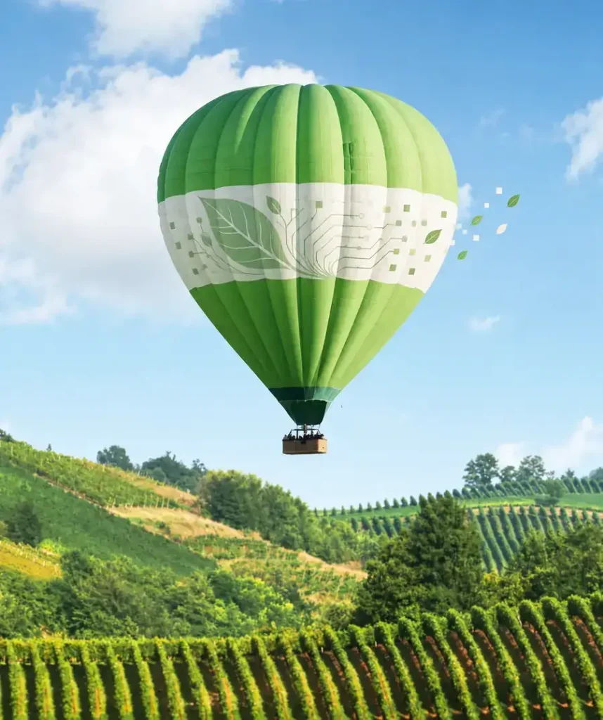 visuel-eco-conception-wordpress-centre-val-de-loire Montgolfière verte survolant des vignes du Centre-Val de Loire